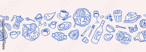Doodle food, horizontal seamless pattern for kitchen. Hand-drawn sketch, endless design with morning breakfast snacks, coffee cup, moka pot in whimsical scribble style. Flat vector illustration