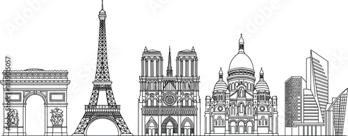 Paris France detailed vector skyline illustration silhouette: iconic French landmarks including Eiffel Tower, Notre Dame, Arc de Triomphe, Sacré-Cœur Basilica, and modern architecture