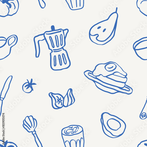 Seamless pattern, breakfast food and drink in doodle sketch style. Handdrawn background with coffee, moka pot, avocado, pancakes and egg. Endless design for textile. Hand-drawn vector illustration