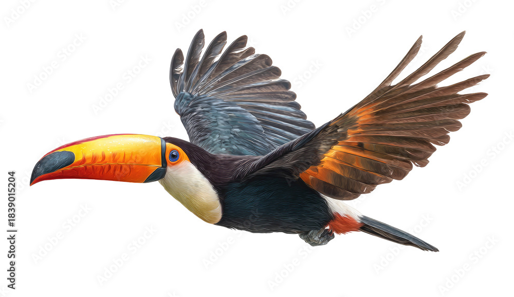 Obraz premium Vibrant toucan bird in mid-flight with wings spread, showcasing its colorful beak and plumage, isolated on transparent background
