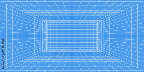 3d wireframe grid room. 3d perspective laser grid 16 9.. Cyberspace blue background with white mesh. Futuristic digital