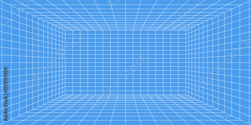 3d wireframe grid room. 3d perspective laser grid 16 9.. Cyberspace blue background with white mesh. Futuristic digital