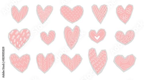 Set of pink cutout hearts with hand drawn patterns. Cute stickers for cutting. Valentines Day love icons clip art, vector graphics