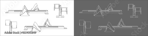 Athletic Starting Block Technical Wireframe Drawing Set on Split Background
