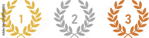 Gold silver bronze laurel wreaths with numbers 1 2 3 award winner