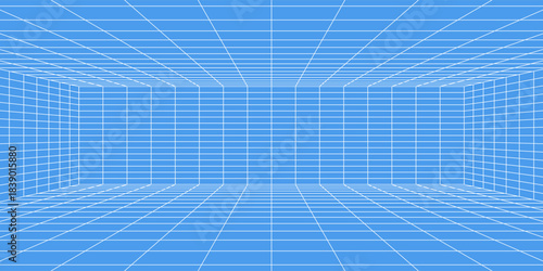 3d wireframe grid room. 3d perspective laser grid 16 9.. Cyberspace blue background with white mesh. Futuristic digital