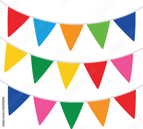 Colorful party bunting flags strung on white background for celebration