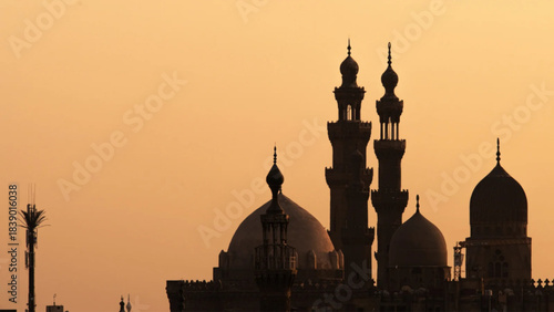 Vector illustration with mosque at sunset