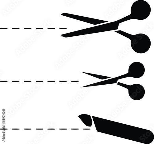 Scissors cutting dashed lines and a utility knife cutting a dashed line.