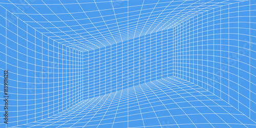 3d wireframe grid room. 3d perspective laser grid 16 9.. Cyberspace blue background with white mesh. Futuristic digital