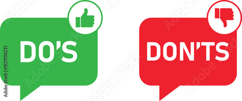 Green speech bubble with D O' S and thumbs up red speech bubble with D O N' T S and thumbs down