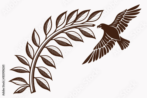 An eagle soars past a leafy branch, vector