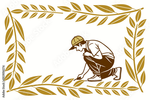 A person examining a leaf within a decorative frame, vector, vector