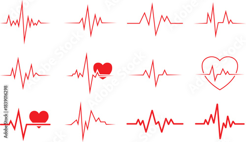 Red electrocardiogram heartbeats and heart symbols on white background heart rate