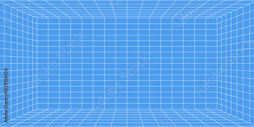 3d wireframe grid room. 3d perspective laser grid 16 9.. Cyberspace blue background with white mesh. Futuristic digital