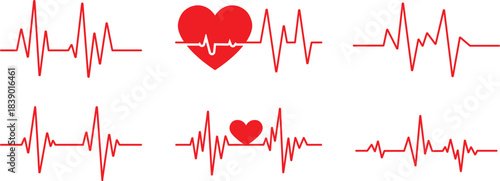 Red electrocardiogram heartbeats and heart symbols on white background vector