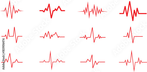 Twelve Red Heartbeat Line Graphics on White Background electrocardiogram pulse