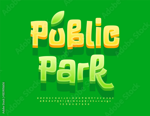 Vector Fresh icon Public Park. Funny Green Alphabet Letters and Numbers set. Modern Decorative 3D Font.