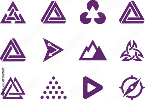 Versatile, Modern Collection of Abstract Geometric Triangle Logos and Icons in Purple, Ideal for Technology, Business, and Branding Design Concepts