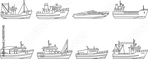 Boat silhouette collection, fishing vessel icons, cargo ship illustration, recreational boat graphics, marine transport design, nautical equipment, watercraft set