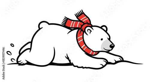 Cartoon Polar Bear with Striped Scarf Lying Down, Winter Animal Illustration, Simple and Cheerful