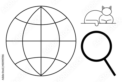 Grid-pattern globe, magnifying glass, and minimalist cat outline evoke themes of discovery, investigation, and curiosity. Ideal for global search, research, education, internet connection learning