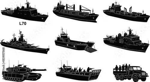 Military ship silhouettes, armored vehicles, naval fleet illustration, combat transport assets, defense equipment grid, tactical icons, war machines, army tools