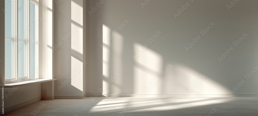 Obraz premium Soft Diffused Window Light on Minimal Interior Wall with Bright Calm Tones and Large Negative Space for Clean Commercial Layout
