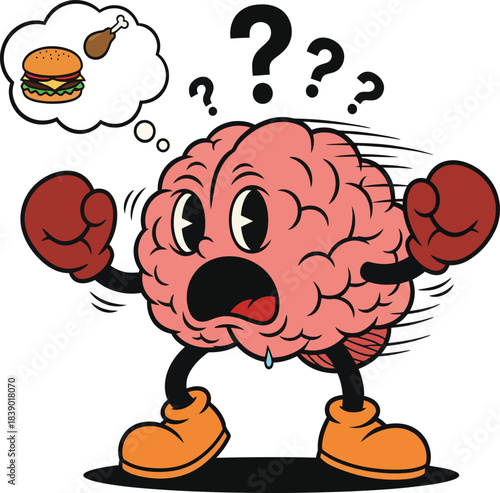 New Cartoon boxing brain confused about food choices, thinking of hamburger and chicken leg, isolated on  vector illustration  white background 