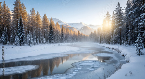 Winter forest river scene with sunrise and snow covered trees