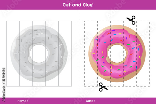Cut and glue of donuts. Education paper game for kids. Glue game for kids. Educational children's game. Template for cut and glue
