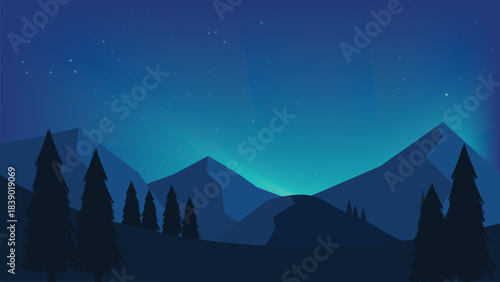 Aweinspiring beauty stunning night sky banner with mountain, pine forest  and star.