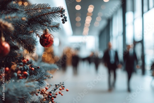 Christmas tree foreground, blurred festive business people meeting, mall, office park on a background. Coworking during Xmas. Copy space, holiday spirit. Selective focus. Seasonal winter festivity