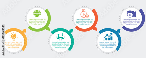 Business Infographic Process with 6 Steps .Business minimal Infographics template. 6 steps timeline with, options and marketing icons .Vector