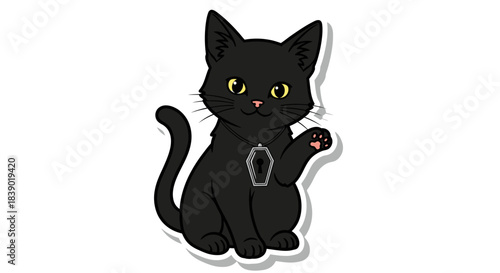 Charming black cat with coffin necklace, cartoonish style perfect for halloween and vector