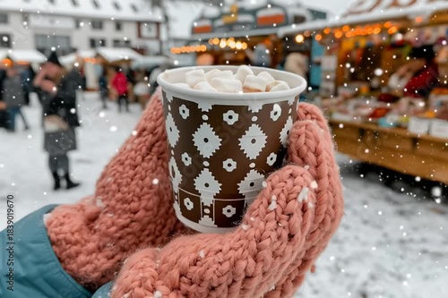 Hot chocolate with marshmallows in a festive paper cup held by knitted mittens at a snowy Christmas market
