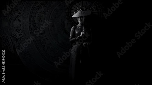 Traditional woman turning slowly, elegant ornamental background, dramatic studio light.