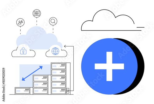 Cloud computing graphic. Cloud computing with data storage, networking icons, and growth symbols. Cloud computing transforming data efficiency. For tech, analytics, web hosting, innovation IT