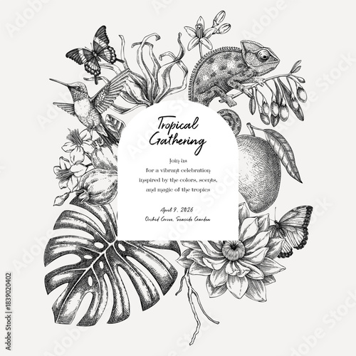 Exotic animals, palm leaves, tropical flower hand-drawn vector illustration. Beach wedding invitation, summer card design. Not AI generated 