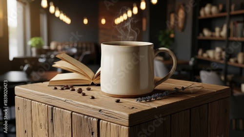 Steaming Coffee Mug Beside Open Book on Rustic Wooden Table