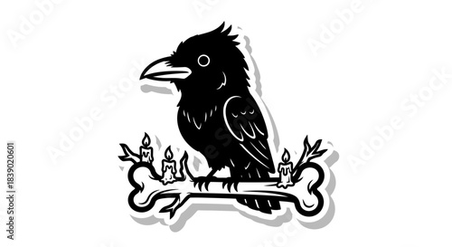 Mystical raven perched on a bone adorned with flickering candles, spooky scene