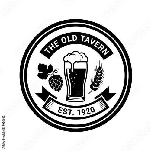 The old tavern est 1920 circular logo with beer and hops