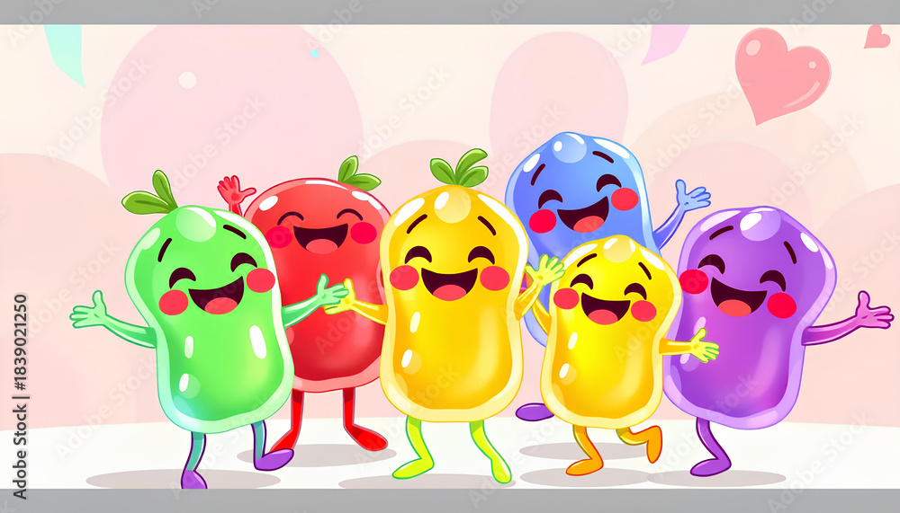 Obraz premium Group of colorful jelly characters shaped like fruits, smiling and dancing together in a playful pastel background