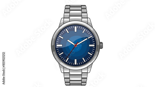 Illustration of a silver wristwatch with blue dial for timekeeping and fashion