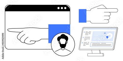 User experience, technology, data visualization, online services, profile management, navigation tools. Hand gestures pointing, profile avatar and analytics on screen. User experience and technology