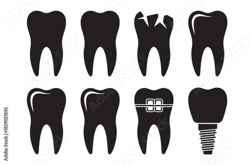 Teeth Silhouette Icon Sheet – 8 Premium Dental Black Vectors