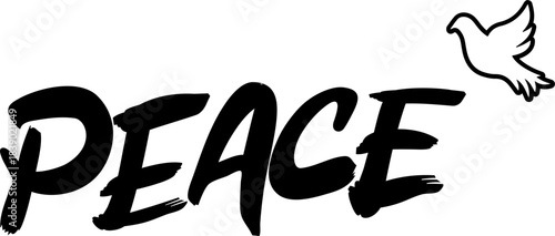 Peace Schriftzug mit Friedenstaube – symbolische schwarzweiße Illustration