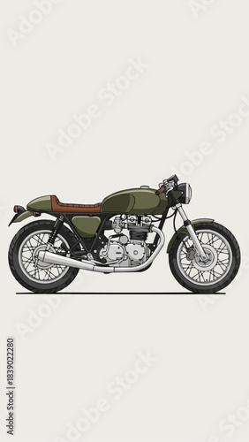 Side profile of a classic green cafe racer motorcycle.