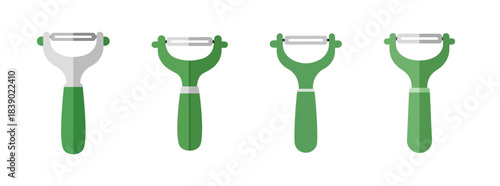 A set of four vegetable peelers with green handles and silver blades, presented against a white background.