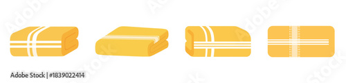 Four folded yellow towels with white stripes, displayed from different angles.